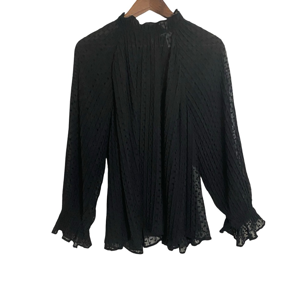 H&M Swiss Dot Pleated Blouse Women Medium Black Mock Neck Ruffle Cuff Top Goth